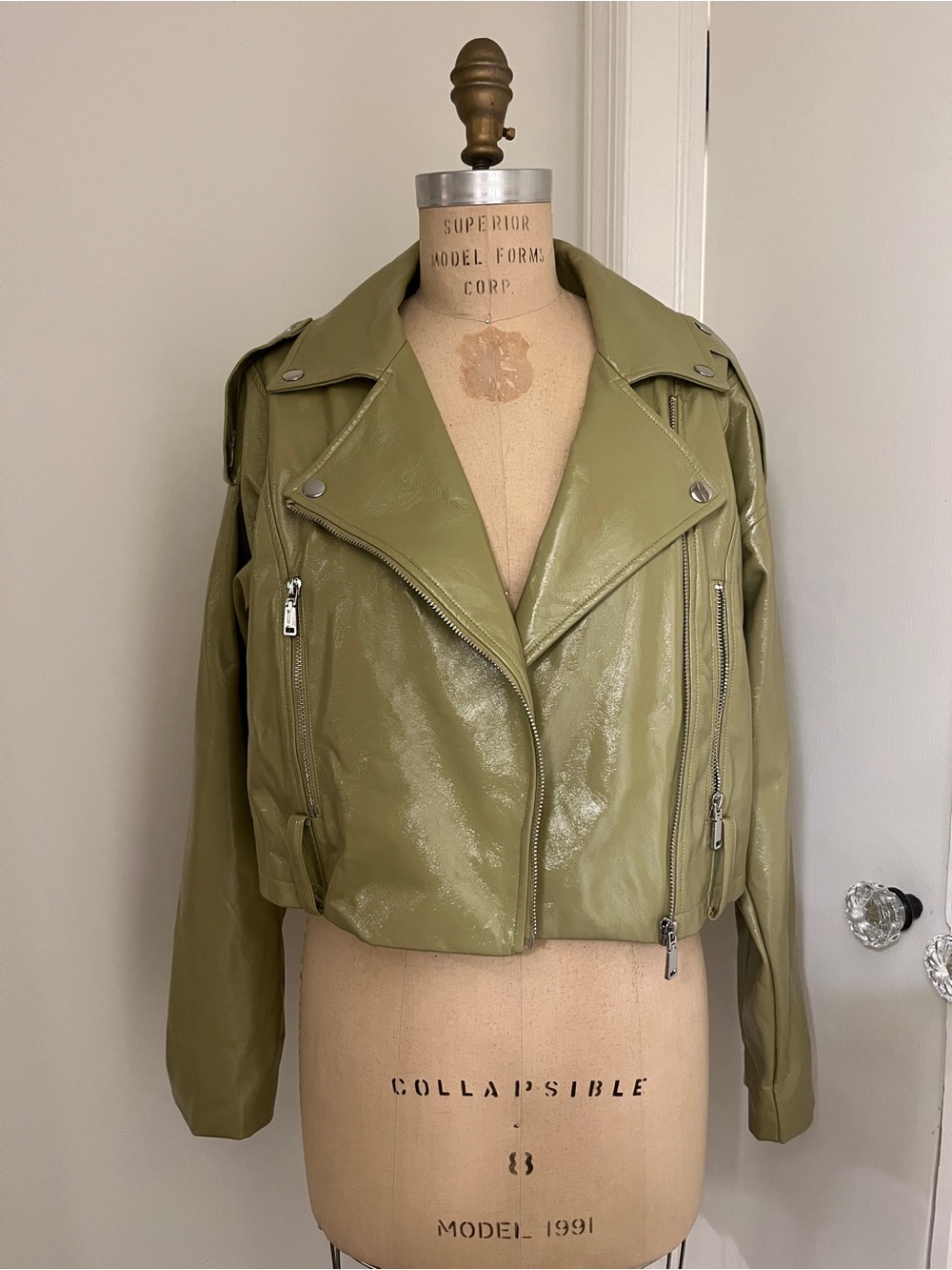 Danielle Bernstein Olive Green Faux Leather Moto Jacket [SIZE SMALL]